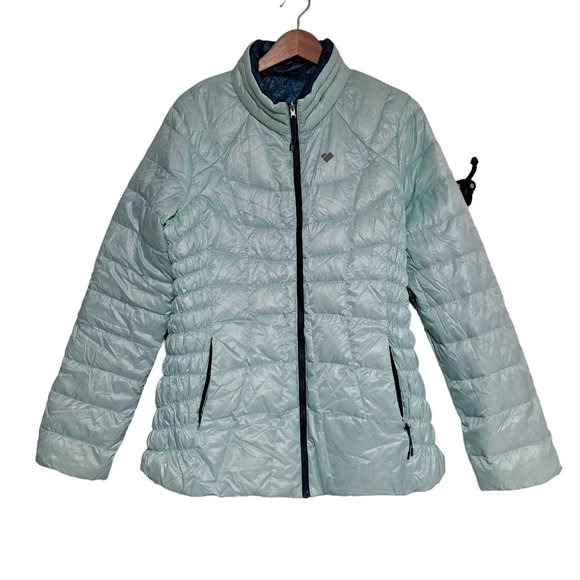Obermeyer Jacket Women Size Large Soleil Insulator Down Full Zip Reversible Blue - Picture 1 of 11